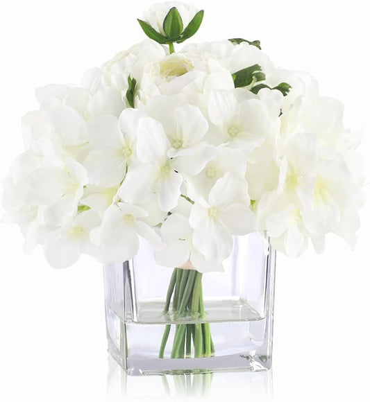 WELL KNOWN Fake Flowers in Vase, White Hydrangea Ranunculus Artificial Flowers with Vase, Silk Floral with Faux Water Arrangement Centerpiece for Office Dining Table Home Wedding Decor & Mom's Gift