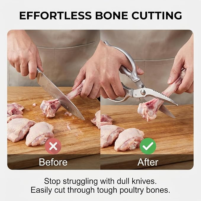 News Stainless steel Bone Cut Kitchen Scissors, Non-Slip Handle & Safety Lock, All Purpose Kitchen Shears for Chicken, Meat Cutting, Turkey, Fish, Vegetables, Spring Loaded, Dishwasher Safe (1)