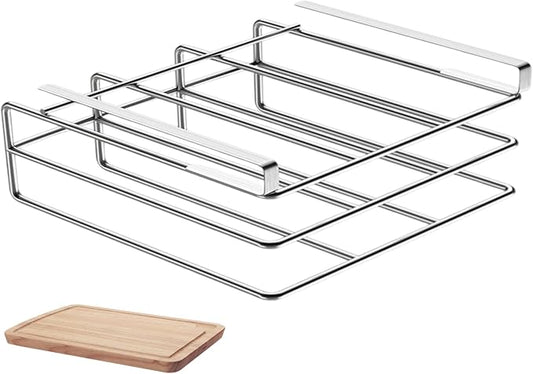 Under Cabinet Cutting Board Holder, 2 Layers Chopping Board Holder, Stainless Steel Heavy Duty Cutting Boards Hanging Rack for Kitchen, Silver, Under Cabinet