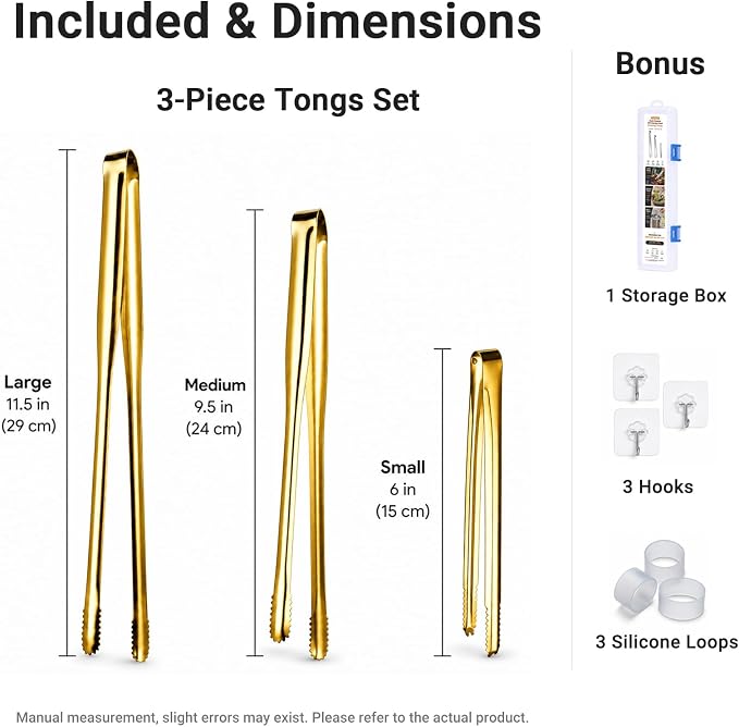Kitchen Tongs Set of 3 with Storage Case, 304 Stainless Steel Cooking Tongs, 11.5”, 9.5” & 6” Serrated Non-Slip Tips for Grilling, Frying, Salad, Pasta, Ice Cubes (Gold)