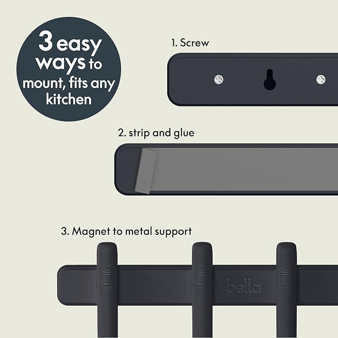 bella 5-Piece Kitchen Tool Set with Magnetic Rack, Silicone, Turner, Spoon, Slotted Spoon, Spatula, Utensil Holder, Magnetic Holder, Non-toxic*, Food-grade, Heat safe to 425°F, Dishwasher Safe, Slate