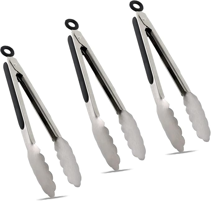 TENTA TENTA KITCHEN 9" Stainless Steel Kitchen Tongs, Locking Metal Food Tongs Non-Slip Grip (Set of 3)