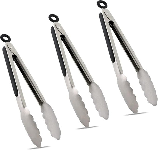 TENTA TENTA KITCHEN 9" Stainless Steel Kitchen Tongs, Locking Metal Food Tongs Non-Slip Grip (Set of 3)