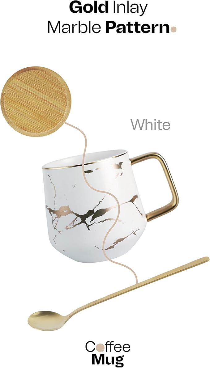 Classic Ceramic Kintsugi Style White Coffee Tea Mug with Gold Inlay, Spoon and Bamboo Lid- 12 OZ, Large Mugs for Men and Women, Unique Design, Perfect Novelty Gift- Dishwasher Safe