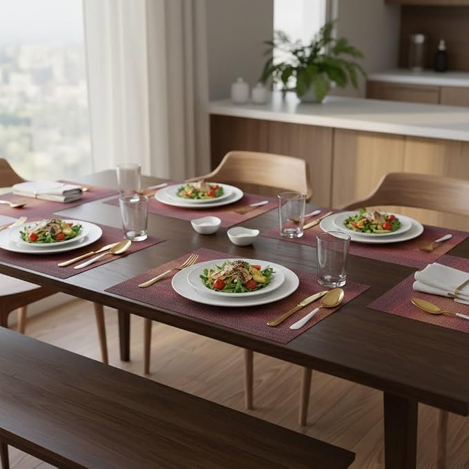 Red Placemats Set of 6, Washable Crossweave Woven Vinyl Placemats, Durable Non-Slip Table Placemats for Kitchen Table Mats (Red, 6)
