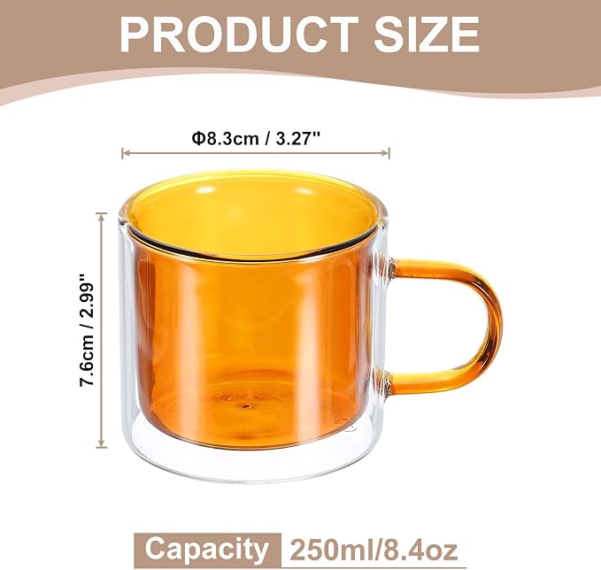 uxcell 8.4 oz Double Wall Glass Coffee Mugs, Glass Tea Cup with Widened Handles for Espresso Coffee, Cappuccino, Tea Bag, Latte, Hot Cold Beverages, Juice, Brown