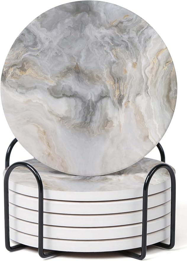 Set of 6 Abstract Gray White Marble Coasters with Holder, Absorbent Ceramic Coasters for Drinks, Coasters with Cork Backing for Table Protection, Housewarming Gifts for New Home