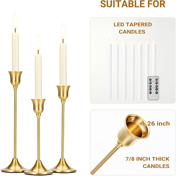 Tifanso Taper Candle Stick Holder - 3PCS Brass Gold Pillar Tall Candlestick Holders Metal Vintage Decor Dinner Table Dining Room Centerpieces Decorations for Wedding Fireplace Mantel Housewarming Gift