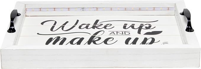 Elegant Designs HG2032-WWM Salento Farmhouse Rectangular Decorative LED Light Up Wooden Serving Tray w Metal Handles & Wake up and Make up in Black for Décor, Centerpiece, Breakfast, Bar, Whitewash