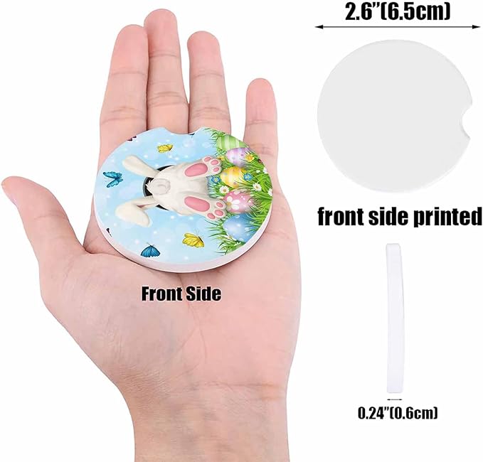 Small Car Coasters for Cup Holders 2.6" Dia Absorbent Coasters Set of 6 Car Interior Accessories for Women Men Watercolor Easter Bunny Butt in Grass Ceramic Car Coaster for Drinks with Finger Grooves