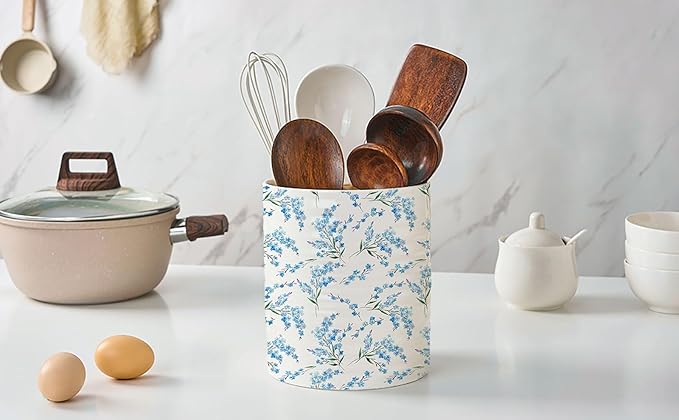 Kitchen Utensil Holder,7.2-inch Extra Large Sturdy Ceramic Cherry Floral Pattern Utensil Crock,Cooking Utensil Organizer for Kitchen Counter Decor,Storage Caddy Farmhouse Gift Blue Blossom