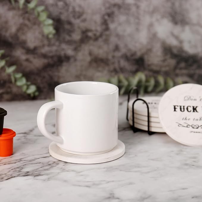 Funny Drink Coasters Ceramic Absorbent Coasters, Don't up The Table Unique Stone Drink Coaster with Cork Back for Coffee Table, Living Room, Family and Friends (Round-White, 6)