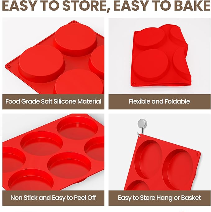 Redfly Silicone Egg Molds for Breakfast Sandwiches 2 Pcs, Non Stick 4 Inch Egg Bites Baking Pans, Jumbo Silicone Muffin Pans for Baking, Round Muffin Top Pan for Whoopie Pie Pan, Hamburger, Fruit Tart