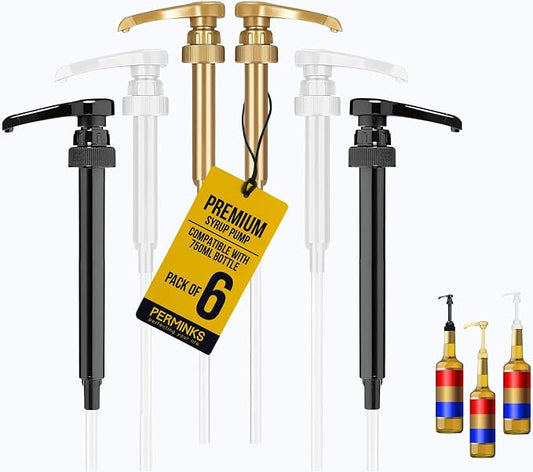 Premium Syrup Pump Compatible w/Torani 750 ml Bottle, Davinci Syrups - No Spill, No Clog Syrup Pump Dispenser for Vanilla, Snow Cone, Coffee Flavoring & More (Pack of 6, Black, White & Gold)