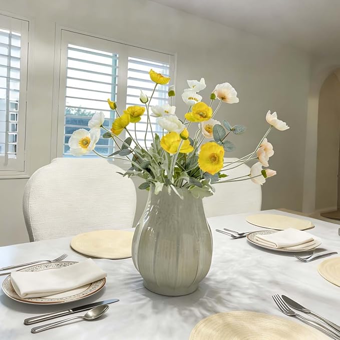 Poppy Artificial Flowers and Eucalyptus Stems, Fake White Yellow Stems for Vase, Silk Flowers Arrangement for Wedding Party Farmhouse Home Office Table Centerpieces Decorations