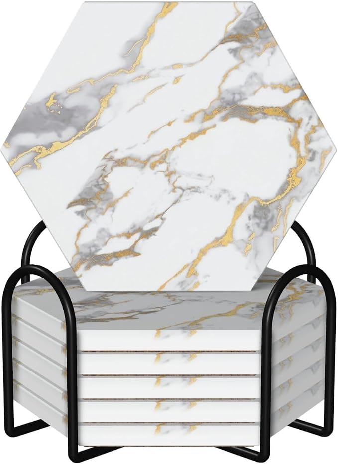 White Gold Marble Set of 6 Drinks Ceramic Coasters with Holder Funny Absorbent Cup Coasters with Cork Desk Table Protection Coffee Table Decor