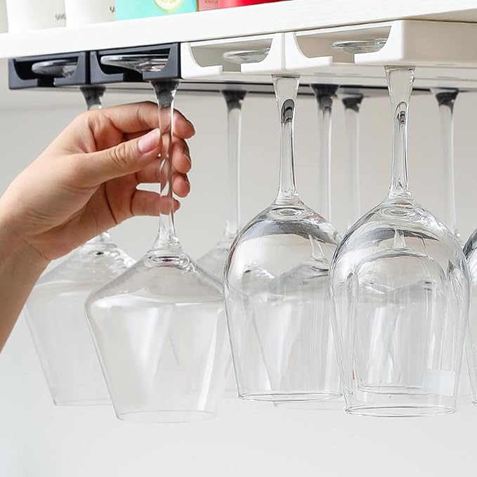 Plastic Wine Glass Rack, No Drilling Wine Glasses Holder Under Shelf & Cabinet, Hanging Stemware Rack Organizer Hanger Hanger Storage Shelf for Bar Cabinet Kitchen(4pcs black)
