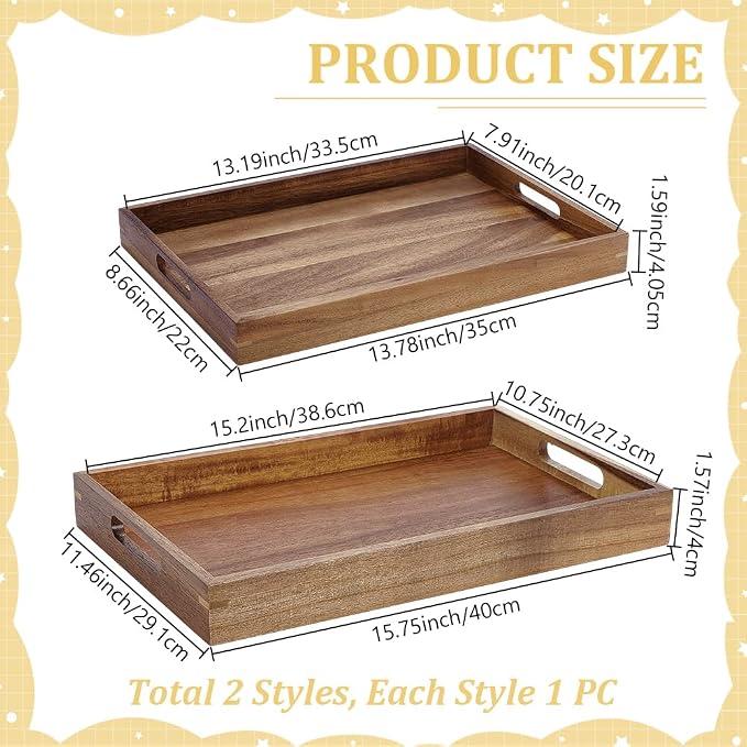 2 Pack Acacia Wood Serving Trays with Handles Rectangular Large Wooden Tray for Ottoman Coffee Table Decorative Trays for Living Room Bedroom Entryway Kitchen Home Decor