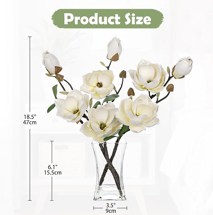 Briful Artificial Magnolia Flower Arrangement with Glass Vase, 18.5in White Faux Magnolia Flowers Fake Floral Centerpiece for Eleglant Home Office Room Table Shelf Décor