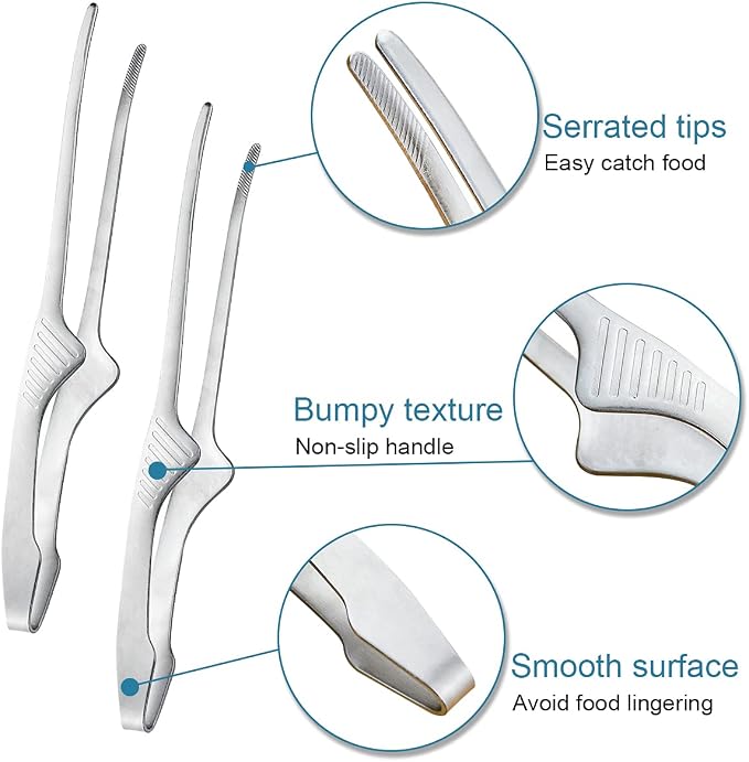 2 Pieces Stainless Steel Grill Tongs for Korean and Japanese BBQ Clean & Convenient Use,Non-Slip Serrated Tips,Ideal for Cooking Self-Standing Tongs for Salad,Grill,Camping,Buffet,Oven