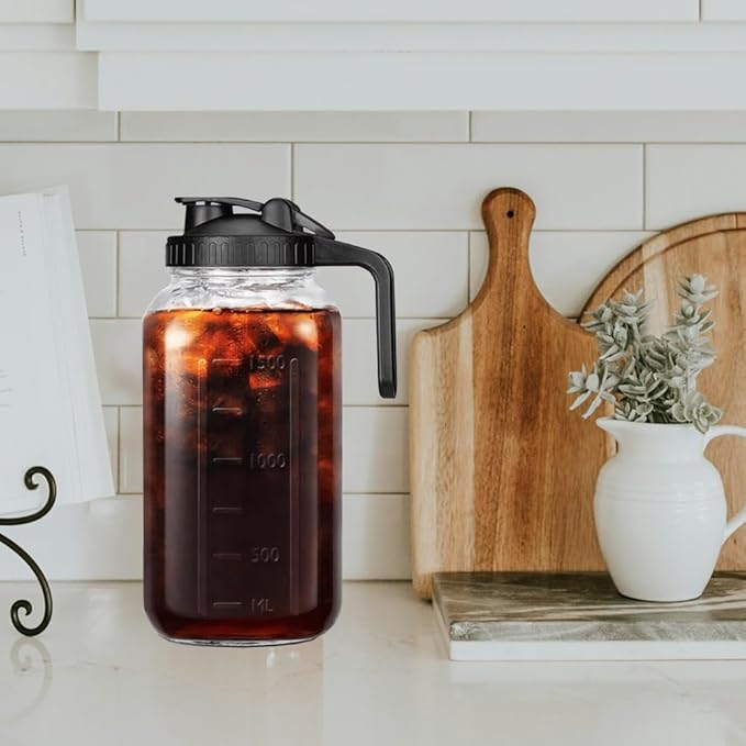 2 Set 64 oz (2 Quart), Black Cold Brew Coffee Maker, Iced Tea Machines, Thick Glass with Pour Spout Handle Lid, Stainless Steel Filter for Iced Coffee, Fruit Drinks or Sun Tea (2)