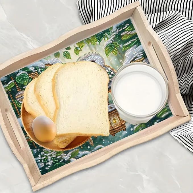 DIY Diamond Serving Tray Rectangular Breakfast Tray with Handle Handmade Diamond Art Painting Wooden Tray for Dinner Plate Coffee Room Living Home Organizer-Owl04