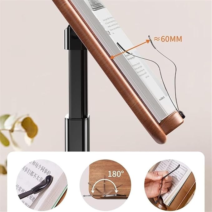 Book Stand Height Adjustable, Upright Wooden Cookbook Holder Stand, Hands Free Book Holder Stand,Desktop Adjustable Reading Height and Angle Book Rest with Page,Paper Clips
