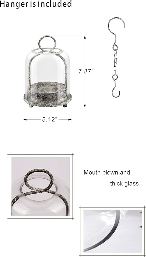 5"x7.5" Versatile Modern Metal Hurricane Lantern with Handmade Sturdy Glass Dome in Rustic Black for 3" Pillar Candle & Plants, Industrial, Farmhouse, Shabby Chic