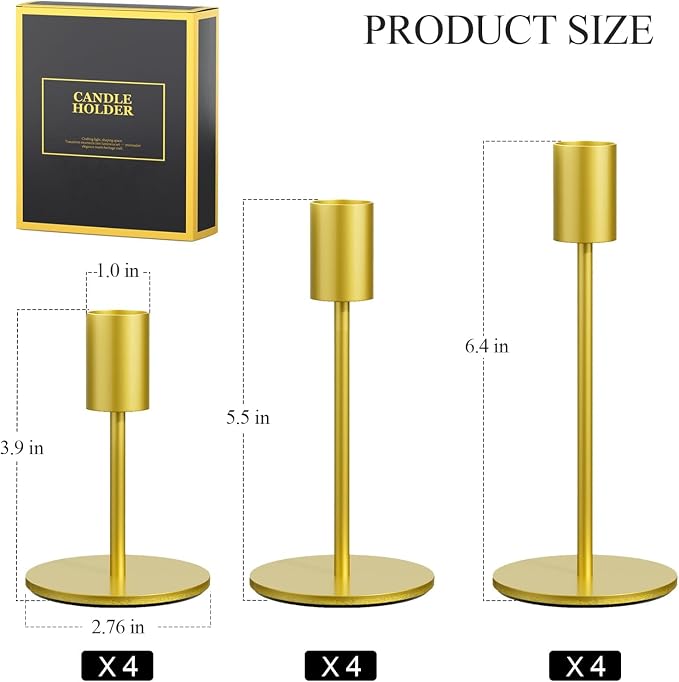 FSyueyun Gold Candle Holder Taper Candle Holders, Set of 12 Candle Stick Holders Decor for Mantel Table Centerpiece, Used for Wedding, Dinning, Housewarming Gift