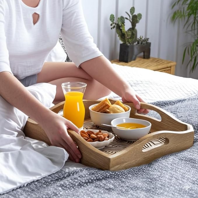 STORE INDYA Hand Carved Wooden Breakfast Serving Tray with Handle for Breakfast Tea Snack Dessert | Kitchen Dining Serve-Ware Accessories | 15 x 10 Inches