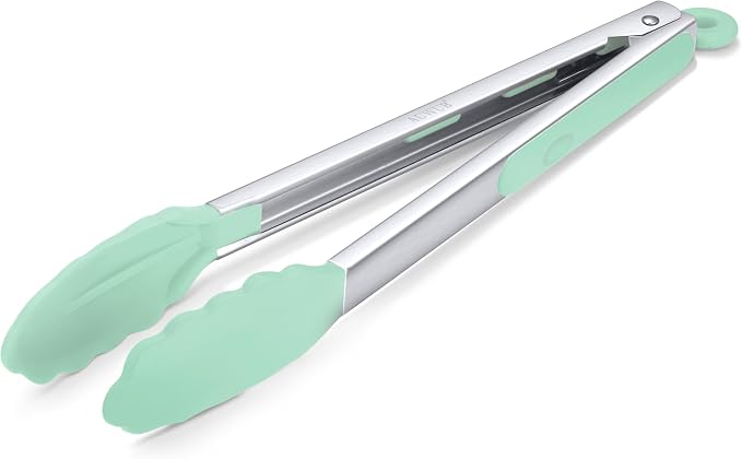 Silicone Salad Tongs - 12 Inch, 304 Stainless Steel Core & Non-Slip Grip, Pistachio Color, Kitchen Utensils for Grilling Salad