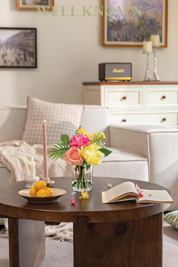 WELL KNOWN Artificial Flowers in Glass Vase, Spring Flowers Silk Rose Peony Bouquet for Home Dining Table, Office, Hotel, Wedding, Party, Lavatory Decor & Birthday Gift (Hot Pink, Coral & Yellow)