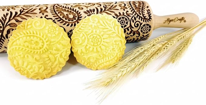 INDIAN embossing rolling pin with Indian Paisley Pattern. Dough roller for embossed cookies and Pottery by Algis Crafts