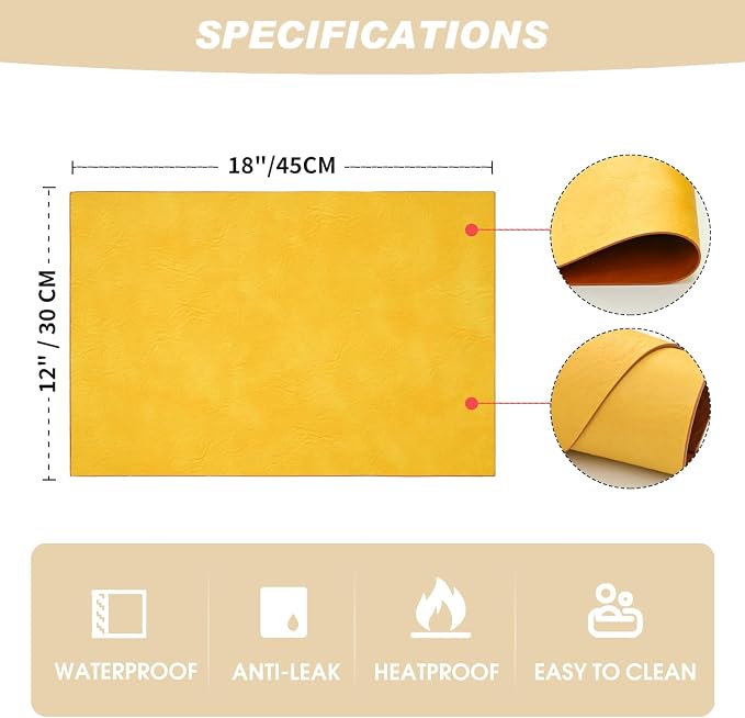 Artoid Mode Yellow Faux Leather Placemats Set of 4, 12x18 Inch Waterproof Wipeable Heat Resistant Vinyl Place Mats, Reversible Table Mats for SummerKitchen Dining Decor