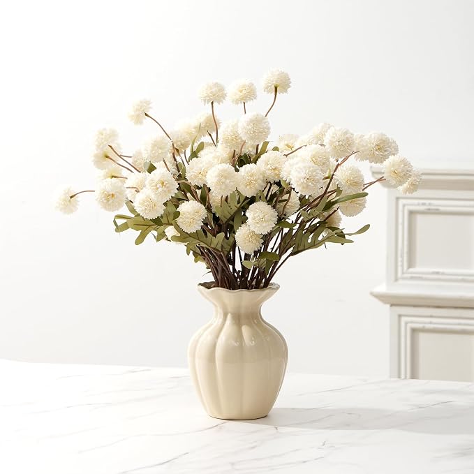 trytuny Fake Fall Flowers for Vase, Faux Silk Kiku Mums, Artificial Pom pom Floral Bouquets Indoor Centerpiece Office Coffee Table Boho Home Decorations (9, White)