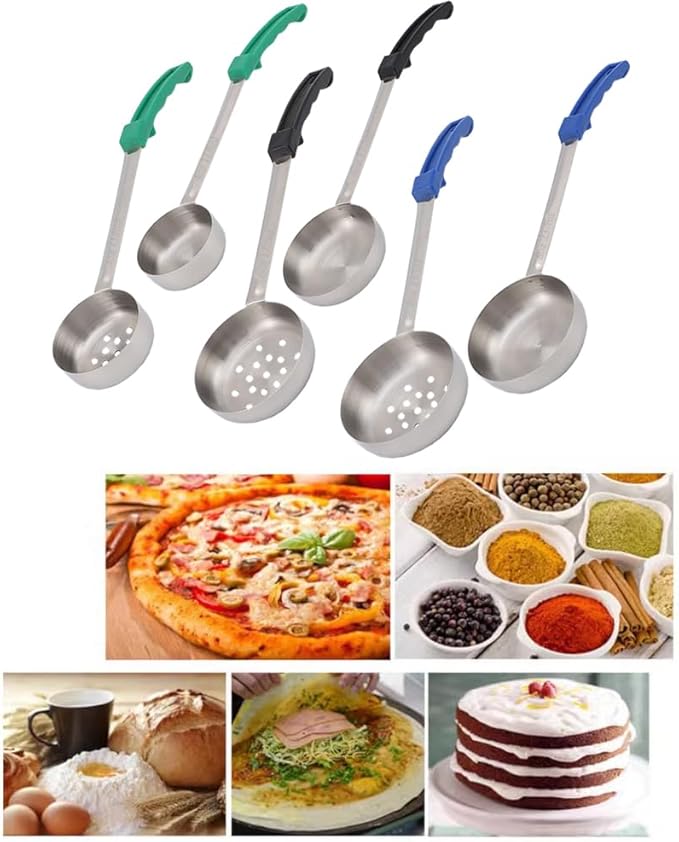 Portion Control Spoons Pizza Sauce Serving Spoons 6 Pack: 3 Slotted 3 Solid 4oz 6oz 8oz Stainless Steel