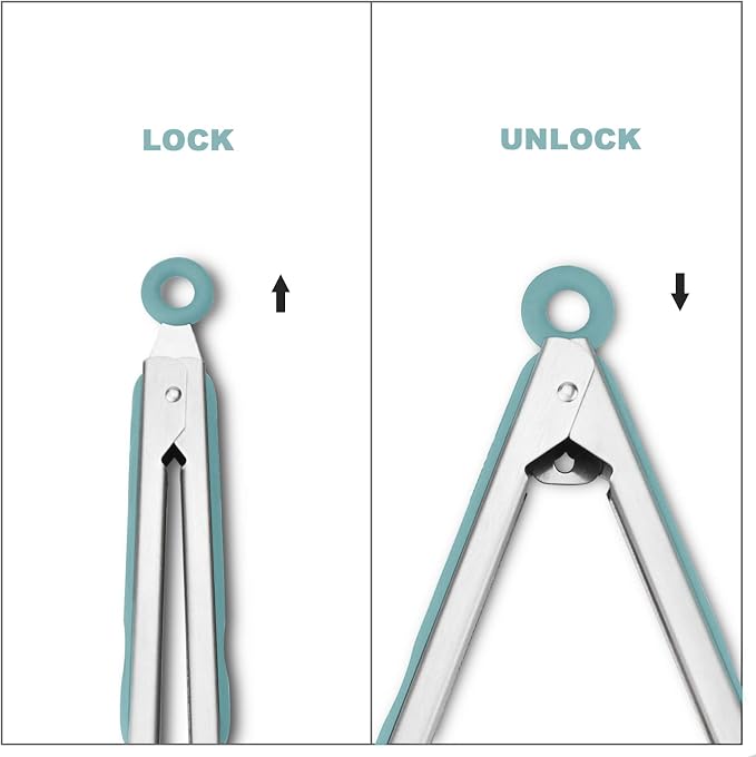 Premium 304 Stainless Steel Tongs Set – 12" Grill Tongs & 9" Cooking Tongs, Heat Resistant up to 600°F, Wavy Grip Head, Non‑Slip Handle with Locking Clip & Hanging Loop, Dishwasher Safe, Aqua Sky