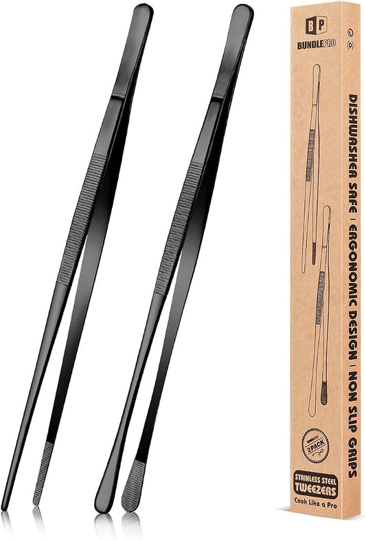 2 Pcs 10-Inch Kitchen Tweezers Fine Tweezer Tongs, Stainless Steel Professional Long Cooking Tweezers for BBQ, Sea Food, Repairing and Serving (BLACK)