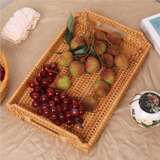 Handwoven Rattan Serving Tray with Handles – 17" Rectangular Wicker Tray for Coffee Table, Breakfast, Drinks, Fruit, Snacks, Ottoman & Kitchen Counter Decor