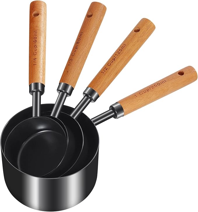 GuDoQi 8Pcs Measuring Cups and Spoons Set, Wooden Handle, Premium Stainless Steel with Metric & US Measurements, Nesting for Dry/Liquid Kitchen/Food/Baking, Black