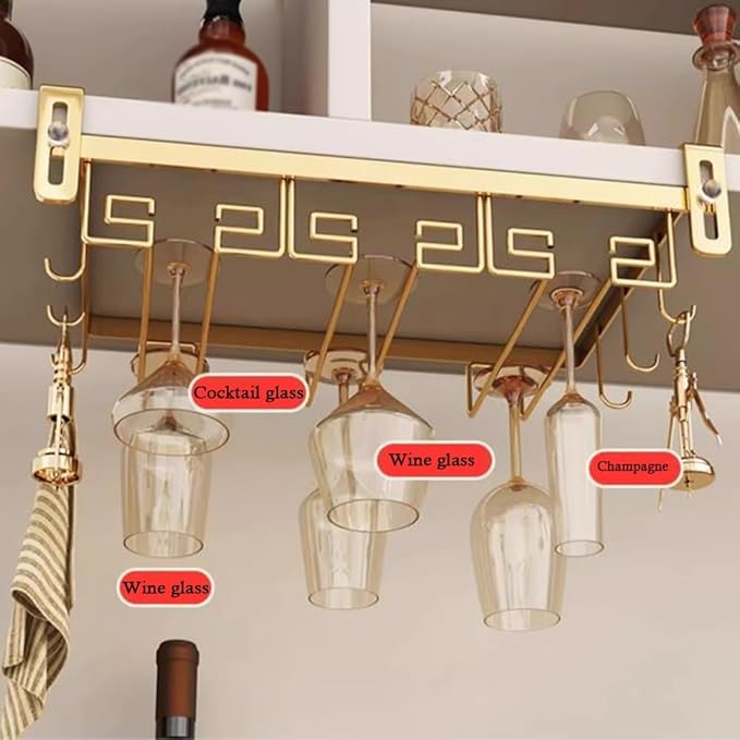 Adjustable Wine Glass Rack Under Cabinet, Hanging Metal Wine Glass Holder, Glasses Storage Hanger with 6 Hooks (Color : Gold, Size : 24x23cm(9.4x9inch))