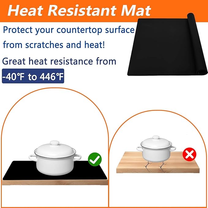 32''x24''(80cmx60cm) Large Silicone Mat for Kitchen Counter, Heat Resistant Countertop Protector, Non-Slip Waterproof Kitchen Island Mat, Easy to Clean, Black