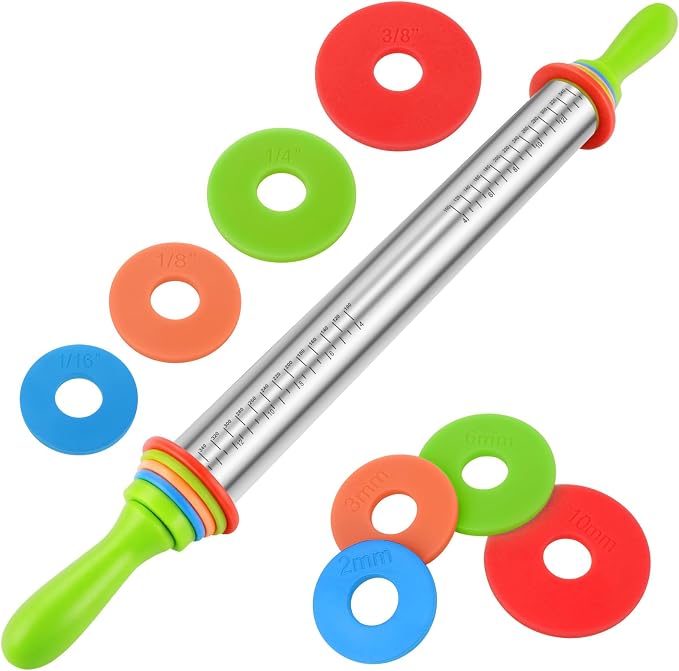 Stainless Steel Dough Roller Pins with Handle for Baking, Adjustable Rolling Pin with Thickness Rings for Cookie Decorating, Kitchen Baking Essential Tools for Fondant Cake Baker Pizza Cookie