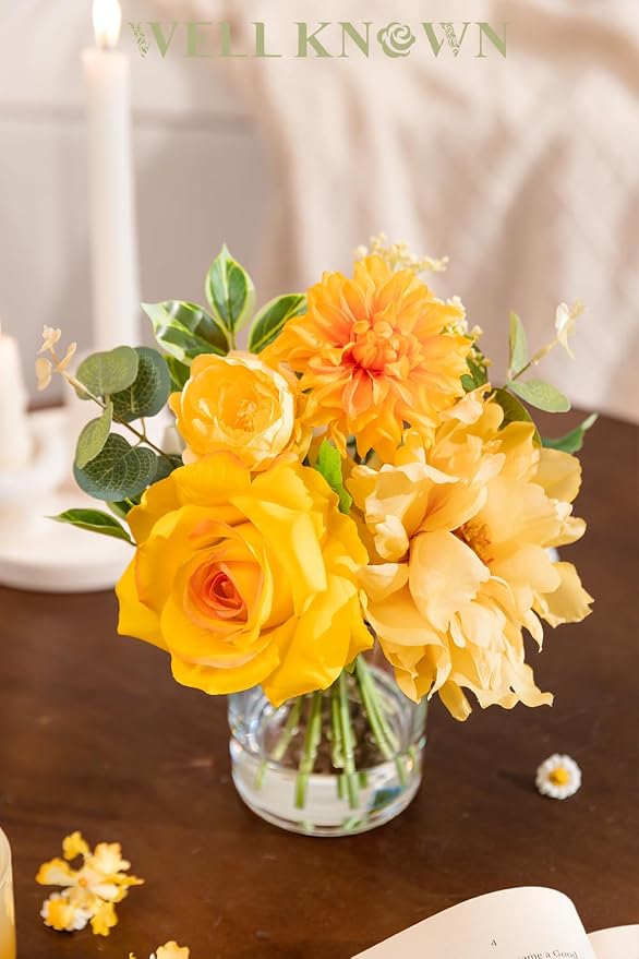 WELL KNOWN Artificial Flowers in Glass Vase with Fake Water, Silk Peony Rose Flower Bouquet for Home Dining Table, Office, Hotel, Wedding, Birthday Party, Lavatory Decor & Mom's Gift (Yellow & Orange)
