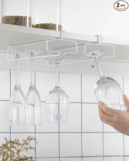 LINFIDITE 2 Pack Wine Glass Holder Stemware Rack Hanger Under Cabinet Wine Glass Rack Kitchen Hanging Storage Rack Organizer,White(For Partition Thickness under 0.98")