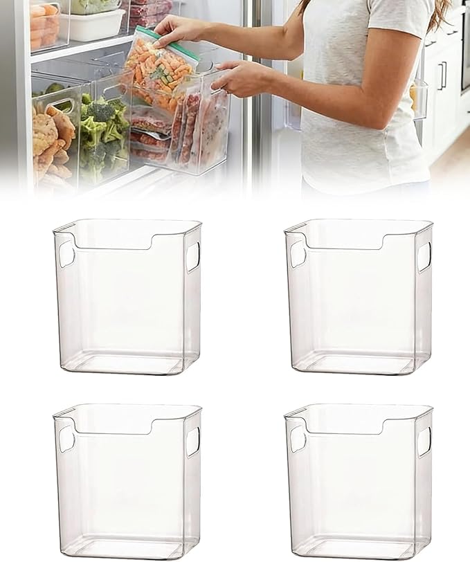 Freezer Storage Bins 4-Pack - Stackable Plastic Organizer with Handles for Refrigerator, Pantry & Kitchen Cabinet, for Frozen Food, Meat & Veggies (A# S, 4 Pack)