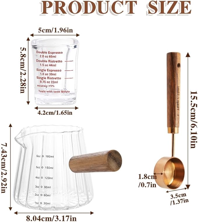 3 Pcs Espresso Shot Glass with 15ml Coffee Measuring Spoon, Single Spout Glass Measuring Cup with Wood Handle, Espresso Shot Cups with Dual Scale for Coffee Milk (6.0oz, 2oz)