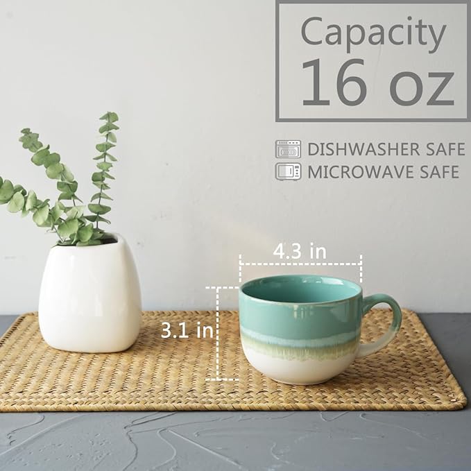 Bosmarlin Ceramic Coffee Mug Set of 4, 16 Oz, Jumbo Latte Mugs, Dishwasher and Microwave, Unique Reactive Glaze (Mint Green, 16 Oz)