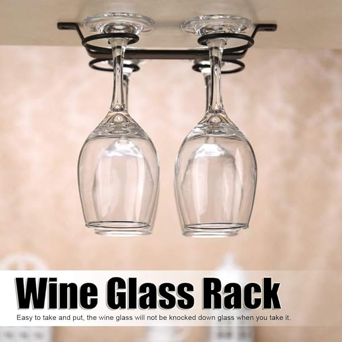 Wine Glasses Rack, European Under Cabinet Wine Glass Holder Stemware Rack Glass Storage Hanger Iron Hanging Shelf with 4 Hooks Organizer for Home Kitchen Bar Decor, 7.1X6.7In,