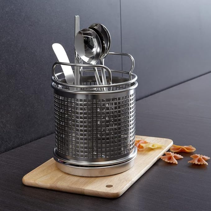 LENITH Stainless Steel Kitchen Round Utensil Holder - Weighted Base for Stability - Utensil Crock With Removable Divider for Easy Cleaning (Round Tulip)